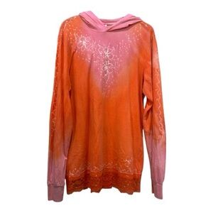 Orange and Pink Ombré Tunic Top Hoodie Pullover Lace Hem Floral Pattern XL